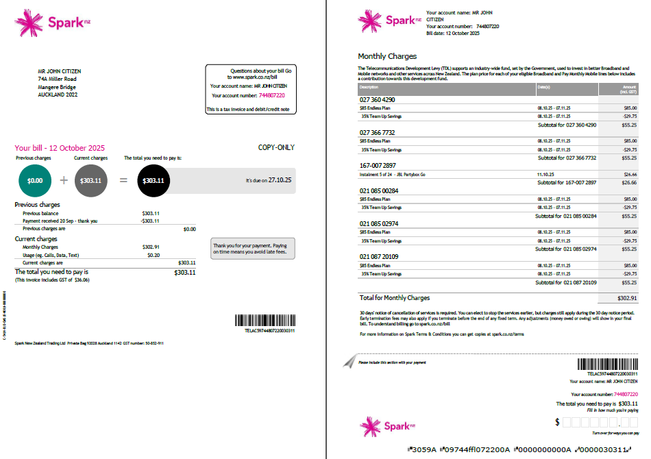New Zealand Spark utility bill template in Word and PDF formats, 2 pages, version 2